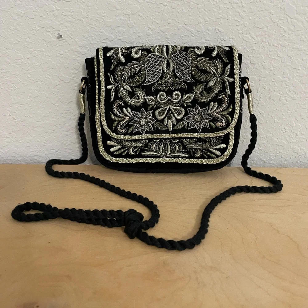 Vintage Chico’s Black Metallic Embroidered Long Strap Shoulder Bag